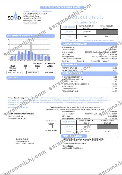 USA California Santa Clarita Water Division (SCWD) business utility bill template in Word and PDF formats